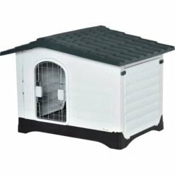PawHut Niche Chien Style Cottage Dim. 91L X 69l X 66H Cm Petite Porte Grillagée + Grande Porte Latérale Verrouillable PP Blanc Gris Noir