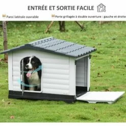 PawHut Niche Chien Style Cottage Dim. 91L X 69l X 66H Cm Petite Porte Grillagée + Grande Porte Latérale Verrouillable PP Blanc Gris Noir -Niche, chenil, enclos et parc pour chien Soldes 2022 34757572 5