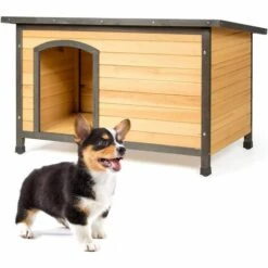 COSTWAY Niche Pour Chien En Bois Avec Toit à Charnières Entrée Et Plancher Amovible Résistante Aux Intempéries Pour Animaux