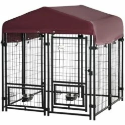 PawHut Chenil Extérieur Pour Chien - Cage Chien - Enclos Chien - Toile Toit Imperméable Anti-UV, Porte Verrouillable, 2 Bols Rotatifs - Acier Noir Oxford Pourpre - Noir