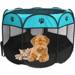 ECHOO Parc Pour Chien Pour Animaux De Compagnie - Tente Pliante Pour Animaux De Compagnie Tissu Oxford Portable Étanche Résistant Aux Rayures Octogonal Couverture D'ombre Amovible Petits Chiots/Chats,Bleu Noir