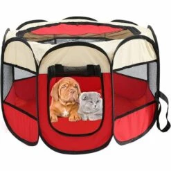 ECHOO Parc Pour Chien Pour Animaux De Compagnie - Tente Pliante Pour Animaux De Compagnie Tissu Oxford Portable Étanche Résistant Aux Rayures Octogonal Couverture D'ombre Amovible Petits Chiots/Chats,Riz Rouge