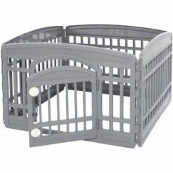 Iris Ohyama, Parc à Chiot / Enclos Chien Porte à 2 Verrous & Clips Modulable, Résistant Aux Intempéries, Pour Chien - Pet CircleCI-604E, Gris Métalisé