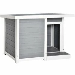 PawHut Niche Chien Style Cottage Dim. 102L X 70l X 73H Cm - Porte, Terrasse, Toit Ouvrant - Bois Composite Blanc Gris - Gris