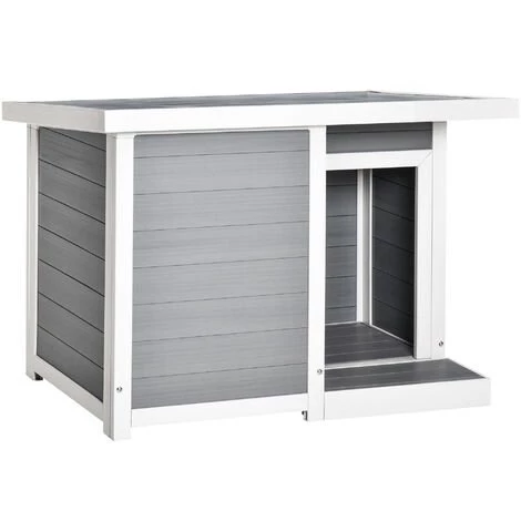 PawHut Niche Chien Style Cottage Dim. 102L X 70l X 73H Cm - Porte, Terrasse, Toit Ouvrant - Bois Composite Blanc Gris - Gris 1 PawHut Niche Chien Style Cottage Dim. 102L X 70l X 73H Cm - Porte, Terrasse, Toit Ouvrant - Bois Composite Blanc Gris - Gris