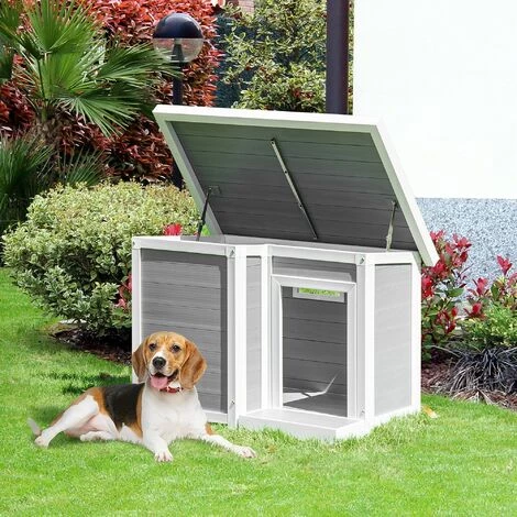 PawHut Niche Chien Style Cottage Dim. 102L X 70l X 73H Cm - Porte, Terrasse, Toit Ouvrant - Bois Composite Blanc Gris - Gris 4 PawHut Niche Chien Style Cottage Dim. 102L X 70l X 73H Cm - Porte, Terrasse, Toit Ouvrant - Bois Composite Blanc Gris - Gris – Image 4