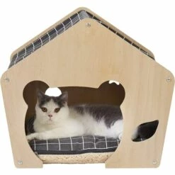 CATHERINE Panier Chat Moelleux, Niche Chien Intérieur Bois Avec Coussin Déhoussable Et Lavable, Maison Pour Chaton, Dimension 49x48x47cm
