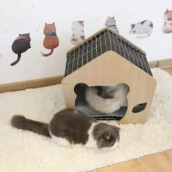 CATHERINE Panier Chat Moelleux, Niche Chien Intérieur Bois Avec Coussin Déhoussable Et Lavable, Maison Pour Chaton, Dimension 49x48x47cm -Niche, chenil, enclos et parc pour chien Soldes 2022 59487621 5